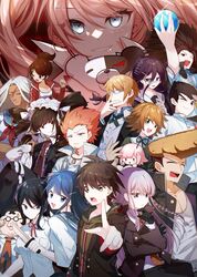  6+boys 6+girls :d ahoge alternate_skin_color arrow_(symbol) asahina_aoi ball black_hair black_ribbon blue_eyes braid breasts brown_hair celestia_ludenberg character_doll closed_eyes commentary_request danganronpa:_trigger_happy_havoc danganronpa_(series) danganronpa_2:_goodbye_despair dark-skinned_female dark_skin doll dress_shirt enoshima_junko everyone fujisaki_chihiro fukawa_toko gloves grey_shirt grin hagakure_yasuhiro hair_ornament hairclip hand_up highres holding holding_knife holding_weapon ikusaba_mukuro ishimaru_kiyotaka jacket kirigiri_kyoko knife kuwata_leon long_hair long_sleeves looking_at_viewer maizono_sayaka midou_(grk12138) monokuma multicolored_hair multiple_boys multiple_girls naegi_makoto nanami_chiaki neck_ribbon necktie ogami_sakura one_eye_closed open_mouth owada_mondo pointing pompadour purple_eyes red_jacket ribbon round_eyewear scar scar_across_eye school_uniform shiny shirt short_hair side_braid skirt smile spiked_hair teeth togami_byakuya twintails two-tone_hair weapon yamada_hifumi 