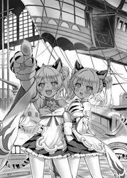  2girls :d aircraft airship alphy animal_ears animal_hands bai_(granblue_fantasy) bare_shoulders blush erune frills gloves granblue_fantasy greyscale highres huang_(granblue_fantasy) long_hair monochrome multiple_girls open_mouth paw_gloves pointing siblings sisters smile sweatdrop tail teeth tiger_stripes tiger_tail twintails 