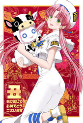  animal_costume aria_(manga) aria_company_uniform aria_pokoteng bell beret blue_bow blue_bowtie blue_ribbon border bow bowtie cow_costume cowbell dress eyelashes feline female from_behind gold_trim green_eyes hat hat_ribbon highres holding impossible_clothes impossible_dress mizunashi_akari open_mouth pink_hair red_background ribbon short_hair_with_long_locks short_sleeves side_slit standing standing_on_one_leg telaform white_border white_cat white_dress white_footwear white_headwear 