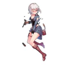  black_panties blush boots brown_eyes brown_footwear covering_crotch covering_privates damaged defeat fangdan_runiu female full_body girls&#039;_frontline gloves gun handgun highleg highleg_panties holding holding_gun holding_weapon knee_boots looking_at_viewer luger_p08 official_art p08_(girls&#039;_frontline) panties short_hair skirt solo thigh_strap third-party_source torn_clothes torn_skirt transparent_background underwear weapon white_hair 