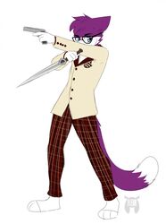  2019 anthro atlus blue_eyes character_request cheek_tuft clothed clothing dagger domestic_cat eyewear facial_tuft felid feline felis fleurfurr fur glasses gun hair hi_res iori_katsumi male mammal megami_tensei megami_tensei_persona melee_weapon monotone_hair multicolored_body multicolored_fur persona_(series) persona_5 purple_body purple_ears purple_fur purple_hair purple_tail ranged_weapon ren_amamiya sega simple_background solo tail tuft two_tone_body two_tone_fur two_tone_tail watermark weapon white_body white_fur white_tail 