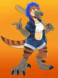  anthro bandela baseball_bat bat_(object) belly black_claws blue_body blue_clothing blue_feathers blue_topwear bottomwear breasts brown_body clawed_fingers claws clothing collared_shirt crop_top cutoffs denim denim_bottomwear denim_clothing digital_drawing_(artwork) digital_media_(artwork) digitigrade dinosaur dromaeosaurid extinct feathered_crest feathered_dinosaur feathered_scalie feathers feet female gesture grey_body grey_scales grin hand_gesture head_crest hi_res looking_at_viewer midriff non-mammal_breasts pattern_clothing pattern_topwear plaid plaid_clothing plaid_topwear pointing prehistoric_species reptile rindeadsong scales scalie shirt shorts smile solo standing stripes tail tan_belly tank_top teeth theropod thick_thighs toe_claws toes topwear utahraptor white_clothing white_topwear yellow_eyes 