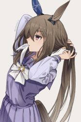  absurdres admire_vega_(umamusume) animal_ears arms_behind_head brown_hair female grey_background hair_tie highres horse_ears horse_girl horse_tail long_hair long_sleeves mouth_hold purple_eyes purple_shirt purple_skirt revision ryusei_(ryusei_b) sailor_collar school_uniform shirt simple_background skirt solo tail tracen_school_uniform twitter_username tying_hair umamusume 