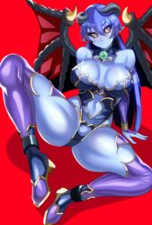  astaroth_(shinrabanshou) black_sclera blue_hair blue_skin breasts clothing_cutout colored_sclera colored_skin demon_girl demon_tail earrings female heart heart_earrings highleg highres horns jewelry large_breasts looking_at_viewer navel_cutout pointy_ears red_wings revealing_clothes shinrabanshou shiny_skin skin_tight smile solo tail thighhighs volyz wings yellow_eyes 