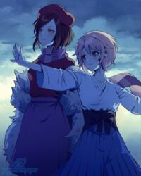  2girls artist_name beret blue_hakama blush brown_eyes brown_hair closed_mouth collarbone commentary commission english_commentary eyebrows_hidden_by_hair fur_trim hair_between_eyes hakama hakama_skirt hat highres japanese_clothes kimono long_sleeves looking_away multiple_girls numbers_(pigpenandpaper) original outdoors outstretched_arm pink_hair purple_skirt red_eyes red_headwear red_shirt scarf shirt short_hair signature skirt smile striped_clothes striped_scarf watermark white_kimono wide_sleeves 