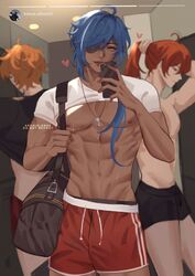  3boys abs archieloras bag black_shirt blue_eyes blue_hair clothes_lift dark-skinned_male dark_skin diluc_(genshin_impact) eyepatch genshin_impact hair_between_eyes kaeya_(genshin_impact) long_hair male_focus male_underwear multiple_boys muscular muscular_male navel nipples orange_hair ponytail red_hair red_shorts shirt shirt_lift shorts shoulder_bag tartaglia_(genshin_impact) underwear 