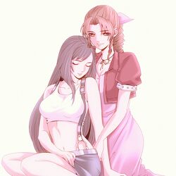  2girls aerith_gainsborough bare_arms black_hair black_skirt braid braided_ponytail breasts brown_hair chiru_(sanifani) choker cleavage closed_eyes collarbone couple crop_top cropped_jacket dress earrings final_fantasy final_fantasy_vii green_eyes hair_ribbon jacket jewelry kneeling large_breasts long_dress long_hair looking_at_another medium_breasts midriff miniskirt multiple_girls navel parted_bangs pink_dress pink_ribbon puffy_short_sleeves puffy_sleeves red_jacket ribbon ribbon_choker shirt short_sleeves sidelocks skirt sleeveless sleeveless_shirt smile suspenders swept_bangs tifa_lockhart white_background white_shirt yuri 