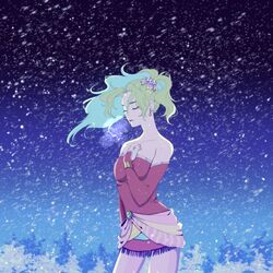  bare_shoulders breasts chiru_(sanifani) closed_eyes cowboy_shot detached_sleeves dress earrings female final_fantasy final_fantasy_vi green_hair hair_ribbon hand_on_own_chest jewelry long_hair medium_breasts night night_sky outdoors pantyhose parted_bangs ponytail red_dress ribbon sky solo strapless strapless_dress terra_branford tube_dress waist_sash wavy_hair 