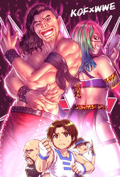  4boys armband asuka_(wrestler) bald beard black_hair blue_hair brown_hair chang_koehan choi_bounge claws clenched_hands commentary copyright_name crossover facial_hair fatal_fury female fingerless_gloves gloves green_hair grin hat highres holding holding_mask kim_kaphwan kuroshio_(zung-man) long_hair looking_at_viewer mask multicolored_hair multiple_boys muscular muscular_female muscular_male nakamura_shinsuke pink_hair real_life round_eyewear short_hair smile sunglasses sweat teeth the_king_of_fighters the_king_of_fighters_all-stars topless_male upper_body wrestling wwe 