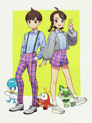  1boy :d absurdres ahoge alternate_costume blue_eyes braid buttons cardigan collared_shirt commentary_request cowlick eyelashes female florian_(pokemon) fuecoco grey_cardigan grey_footwear hand_up highres juliana_(pokemon) knees nori_(hgdm2784) open_cardigan open_clothes open_mouth pants plaid plaid_pants plaid_shorts pokemon pokemon_(creature) pokemon_sv quaxly shirt shoes shorts smile sneakers socks sprigatito standing starter_pokemon_trio striped_clothes striped_shirt suspenders v vertical-striped_clothes vertical-striped_shirt white_socks 