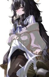  bad_id bad_twitter_id black_hair black_undershirt blue_archive blue_eyes blue_hairband blue_neckerchief blush cardigan clothes_lift electric_fan female hair_between_eyes hairband halo highres lifting_own_clothes long_hair long_skirt long_sleeves looking_at_viewer low_twintails neckerchief pantyhose pleated_skirt rima_(0136) sailor_collar school_uniform serafuku skirt skirt_lift solo twintails ui_(blue_archive) very_long_hair white_background white_serafuku white_skirt 