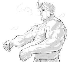  1boy :o bara beard breath broken_horn cowboy_shot demon_boy demon_horns facial_hair highres horns kansuke_(kansuke_717) large_pectorals live_a_hero male_focus mature_male muscular muscular_male nessen_(live_a_hero) outstretched_arms pectoral_cleavage pectorals short_hair solo sweat tank_top thick_eyebrows veins veiny_arms very_sweaty 