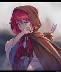  akatsuki_no_yona arrow_(projectile) artist_name blurry blurry_background breasts brown_cloak cloak commentary_request covering_own_mouth crying crying_with_eyes_open female glint hair_between_eyes hand_over_own_mouth highres hood hood_up kin_toki letterboxed long_hair looking_at_viewer parted_lips photoshop_(medium) purple_eyes quiver red_hair solo tears wide_sleeves yona_(akatsuki_no_yona) 