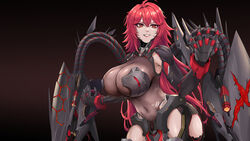  absurdres ahoge alt3r armor armored_boots armored_leotard armpit_crease black_armor bodystocking boobplate boots breasts cleavage covered_navel cowboy_shot english_commentary female gauntlets goddess_of_victory:_nikke grin hair_between_eyes highres huge_breasts long_hair mechanical_tail nihilister_(nikke) pelvic_curtain red_eyes red_hair rigging see-through see-through_cleavage sidelocks smile solo standing tail teeth torn_bodystocking torn_clothes 