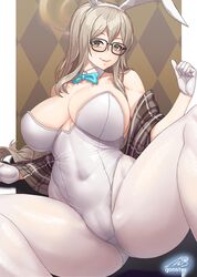  akane_(blue_archive) akane_(bunny)_(blue_archive) animal_ears argyle_background artist_name bare_shoulders blue_archive breasts brown_eyes cameltoe closed_mouth collarbone commentary_request covered_navel curvy detached_collar fake_animal_ears female glasses gloves gonster hair_ornament hand_up highleg highleg_leotard highres huge_breasts large_breasts leotard light_brown_hair lips long_hair looking_at_viewer official_alternate_costume pantyhose plaid_shawl playboy_bunny plump rabbit_ears shawl signature simple_background smile solo spread_legs strapless strapless_leotard thick_thighs thighs white_gloves white_leotard white_pantyhose wide_hips 