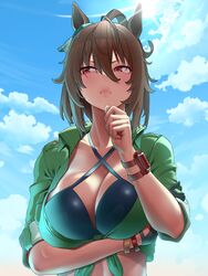  absurdres agnes_tachyon_(lunatic_lab)_(umamusume) agnes_tachyon_(umamusume) animal_ears arm_strap arm_under_breasts bikini black_bikini blue_sky bracelet breast_hold breasts brown_hair cleavage cloud cloudy_sky commentary criss-cross_halter ear_ornament female green_shirt halterneck highres horse_ears horse_girl jewelry large_breasts official_alternate_costume official_alternate_hairstyle open_clothes open_shirt outdoors red_eyes shirt short_hair sky sleeves_rolled_up solo swimsuit tied_shirt umamusume upper_body yesman_(cvbnyesman) 