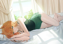  animal_ears bare_legs bare_shoulders barefoot blunt_bangs blush closed_mouth dolphin_shorts emyo female green_eyes green_shorts green_tank_top half-closed_eyes highres hime_cut horse_ears horse_girl long_hair looking_at_viewer lying on_side orange_hair short_shorts shorts silence_suzuka_(umamusume) smile solo tank_top umamusume 