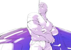  1boy bara beard broken_horn car cowboy_shot demon_boy demon_horns denim facial_hair from_below highres horns jeans kansuke_(kansuke_717) large_pectorals live_a_hero looking_to_the_side male_focus mature_male monochrome motor_vehicle muscular muscular_male nessen_(live_a_hero) pants pectoral_cleavage pectorals purple_theme shirt short_hair smile solo t-shirt thick_eyebrows v-neck 