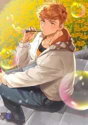  1boy alternate_costume blonde_hair blowing_bubbles bubble_pipe casual collarbone floral_background flower full_body gradient_hair granblue_fantasy green_eyes higashigunkan holding hood hood_down hoodie light long_sleeves looking_at_viewer male_focus multicolored_hair open_clothes open_hoodie outdoors pants pectorals shoes short_hair sitting sitting_on_stairs solo stairs toned toned_male vane_(granblue_fantasy) yellow_flower 