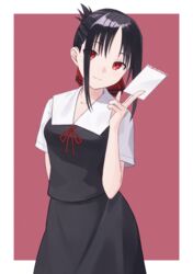  black_dress black_hair border cowboy_shot dress female hair_ribbon highres holding holding_paper kaguya-sama_wa_kokurasetai_~tensai-tachi_no_renai_zunousen~ paper red_background red_eyes red_ribbon ribbon school_uniform shimizu_tomoki shinomiya_kaguya short_sleeves shuuchiin_academy_school_uniform smile solo white_border white_sleeves 