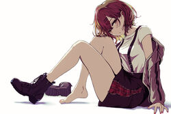  :o ankle_boots arm_support bare_legs barefoot black_skirt blush boots breasts brown_eyes brown_hair buckle cross-laced_footwear female from_side full_body grey_jacket hair_ornament hairclip head_tilt higuchi_madoka idolmaster idolmaster_shiny_colors jacket knee_to_chest knees_up long_sleeves looking_at_viewer looking_to_the_side minyom mole mole_under_eye nail_polish off_shoulder open_clothes open_jacket parted_lips pink_nails purple_footwear shirt short_hair simple_background single_boot sitting skirt small_breasts solo suspender_skirt suspenders suspenders_gap toenail_polish toenails unworn_boots white_background white_shirt zipper_pull_tab 