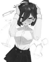  bad_id bad_twitter_id breasts claw_hammer collared_shirt female greyscale hair_behind_ear half-closed_eyes hammer hands_on_own_head highres jujutsu_kaisen kugisaki_nobara marker medium_breasts monochrome onionsketch shirt shirt_tucked_in short_hair skirt solo spray_can v-shaped_eyebrows white_background 