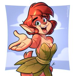  1:1 2022 activision anthro breasts cleavage clothed clothing cloud elora faun faun_(spyro) female green_eyes hair hi_res leaf_clothing leaf_dress mythological_creature mythology open_mouth plant_clothing psicoyote reaching_towards_viewer red_hair short_hair signature smile solo spyro_the_dragon tongue tongue_out 