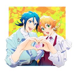  1boy belt black_belt blue_eyes blue_pants blue_shirt border braid collared_shirt couple dress female freyja_wion frilled_shirt frills green_eyes hair_behind_ear hair_ornament hayate_immelmann head_tilt heart heart_hair_ornament heart_hands heart_hands_duo highres looking_at_viewer macross macross_delta mosako open_mouth orange_hair outside_border pants red_dress shirt shirt_tucked_in smile straight sweater tied_hair white_border white_shirt white_sweater 