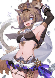  absurdres animal_ears animal_on_head armpits arms_up bikini bikini_top_only black_hairband blue_eyes braid breasts brown_hair can_(honkai_impact) cat_ears cat_girl cat_tail coin detached_sleeves eyebrows_hidden_by_hair feline female glint hair_between_eyes hair_ornament hairband highres honkai_(series) honkai_impact_3rd looking_at_viewer navel oerba_yun_fang on_head one_eye_closed open_mouth pardofelis_(honkai_impact) sin_(btc86amme) single_detached_sleeve skin_fang skirt slit_pupils small_breasts smile solo swimsuit tail white_background 