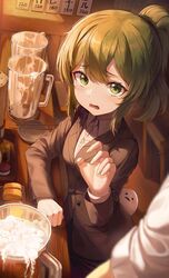  1boy 2gong_(9ujin_) absurdres bad_id bad_twitter_id beer_mug black_jacket blazer collared_shirt cup female food green_eyes green_hair hand_up highres igarashi_futaba_(shiromanta) jacket long_hair long_sleeves looking_at_viewer mug oerba_yun_fang omelet open_mouth ponytail senpai_ga_uzai_kouhai_no_hanashi shiromanta_(character) shirt sitting solo_focus table takeda_harumi_(shiromanta) tamagoyaki tearing_up undershirt wavy_mouth white_shirt 