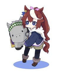  animal_ears animal_hood black_jacket black_pantyhose blue_eyes blush boots brown_footwear brown_hair brown_shorts chibi closed_mouth colored_shadow commentary fake_animal_ears female full_body hair_between_eyes hair_ribbon highres hood hood_down hoodie horse_ears horse_girl horse_hood horse_tail jacket long_hair long_sleeves mejiro_mcqueen_(racehorse) multicolored_hair nozo_(hitomiz) open_clothes open_jacket pantyhose pink_ribbon ponytail pun ribbon shadow short_shorts shorts sleeves_past_wrists solo standing streaked_hair stuffed_animal stuffed_horse stuffed_toy tail tokai_teio_(umamusume) too_literal umamusume very_long_hair white_background white_hair white_hoodie 