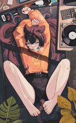  absurdres animal_ears arms_up bandaid bandaid_on_leg bare_legs barefoot belt belt_buckle blue_eyes brown_hair brown_shorts buckle cassette_tape cat_ears cat_girl cat_tail commentary ear_piercing feet female full_body highres holding joint_(drug) leaf long_hair long_sleeves looking_at_viewer lying marijuana nintendo_switch on_back orange_sweater original parted_lips phonograph piercing red_nails shade shorts smoke smoking solo stoned sweater tail timitarcat toes 