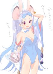  alternate_costume animal animal_ears arm_up bangs_pinned_back bare_legs blue_archive blue_bow blue_hair blue_leotard blush bow breasts detached_sleeves ear_tag fake_animal_ears female flask gradient_hair grey_hair hairbow halo highres jewelry kyuuri_(miyako) large_breasts leotard long_hair mouse_(animal) mouse_ears multicolored_hair nezusuke_(blue_archive) open_mouth playboy_bunny rabbit_ears red_eyes ring round-bottom_flask saya_(blue_archive) simple_background strapless strapless_leotard tassel translation_request very_long_hair white_background wide_sleeves 