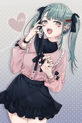  39 absurdres artist_name bad_id bad_twitter_id bandaid bandaid_on_neck black_nails black_skirt buttons center_opening claw_pose commentary cowboy_shot ear_piercing fangs female green_eyes green_hair hair_ornament hatsune_miku heart heart_hair_ornament highres jewelry jirai_kei long_hair long_sleeves looking_at_viewer miku_day multiple_rings nail_polish open_mouth piercing pink_shirt plug_(piercing) ring ryusei_(ryusei_b) shirt shirt_tucked_in signature skirt solo teeth tongue twintails upper_teeth_only vampire_(vocaloid) vocaloid watch wristwatch 