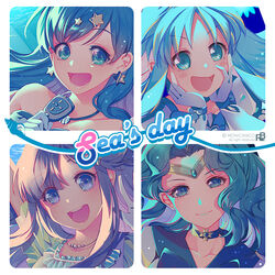  4girls :d artist_name asari_nanami bishoujo_senshi_sailor_moon blue_bow blue_choker blue_eyes blue_hair blue_sailor_collar blue_theme blush_stickers bow choker circlet closed_mouth collarbone color_connection crossover cure_marine earrings gloves hands_on_own_face heartcatch_precure! houshou_hanon idolmaster idolmaster_cinderella_girls jewelry kaiou_michiru kurumi_erika long_hair looking_at_viewer magical_girl marine_day mermaid_melody_pichi_pichi_pitch monicanc multiple_crossover multiple_girls necklace open_mouth power_connection precure sailor_collar sailor_neptune sailor_senshi_uniform smile star_(symbol) star_earrings trait_connection white_gloves 