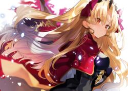  absurdres bangs black_dress black_headwear blonde_hair cape closed_mouth dress earrings ereshkigal_(fate) fate/grand_order fate_(series) female hair_ribbon highres infinity jewelry light_particles long_hair long_sleeves looking_at_viewer motion_blur parted_bangs pomu_(pomu_me) print_cape purple_ribbon red_cape red_eyes ribbon smile solo standing tiara two-sided_cape two-sided_fabric two_side_up white_background wind 