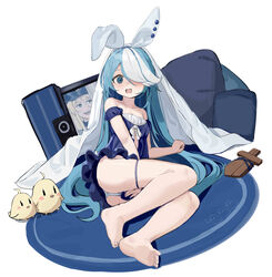  absurdres animal_ears azur_lane barefoot bismarck_(azur_lane) blue_eyes blue_hair blue_nightgown cameo carpet commentary_request covering_privates fake_animal_ears feet female flat_chest full_body hair_over_one_eye haruteru here&#039;s_johnny!_(meme) highres lingerie long_hair maille-breze_(azur_lane) maille-breze_(the_noble_knight&#039;s_last_stand)_(azur_lane) manjuu_(azur_lane) meme multicolored_hair nightgown official_alternate_costume on_floor one_eye_covered open_mouth panties pillow scared simple_background sleepwear solo sword thigh_strap thighs two-tone_hair underwear very_long_hair weapon white_background white_hair wooden_sword 