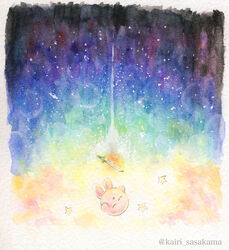  closed_eyes falling kirby kirby&#039;s_dream_land_3 kirby_(series) light no_humans open_mouth satou_kairi_(u-garden) sky star_(sky) star_(symbol) starry_sky sword weapon 