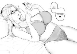  bangs_pinned_back bare_shoulders bed bra breasts cellphone cleavage curvy english_text female folded_hair glasses greyscale hair_pulled_back highres holding holding_phone huge_breasts inne_sulistya_robin large_breasts looking_at_phone lying monochrome norman_maggot on_back open_mouth original panties parted_lips phone pillow smartphone solo thick_thighs thighs underwear 