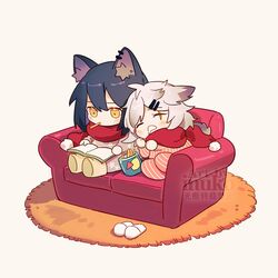  2girls animal_ear_fluff animal_ears arknights blush book chibi closed_eyes commentary couch drooling ear_piercing eyebrows_hidden_by_hair grey_background grey_hair hair_between_eyes hair_ornament hairclip inuko_(redconstellation) lappland_(arknights) leaning_on_person leaning_to_the_side mouth_drool mouth_hold multiple_girls on_couch onesie open_book open_mouth orange_eyes piercing red_scarf rug scar scar_across_eye scarf sitting sleeping sleeping_on_person slippers texas_(arknights) unworn_slippers watermark white_footwear 