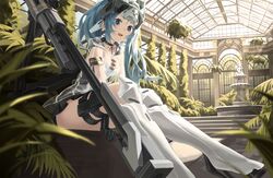  absurdres armored_boots black_choker black_gloves blue_eyes blue_hair blush boots breasts choker elbow_gloves female girls&#039;_frontline girls&#039;_frontline_neural_cloud gloves gun highres knee_pads long_hair looking_at_viewer open_mouth plant rui_(rei_leyi) sanctifiers_(neural_cloud) scenery sitting small_breasts smile solo teeth thighs twintails two-tone_dress upper_teeth_only weapon weapon_request white_footwear wisdom_(neural_cloud) 