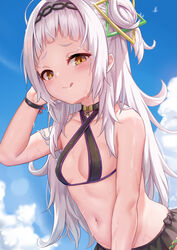  bare_shoulders blush bra breasts cleavage female grey_hair hair_ornament highres hololive jewelry licking long_hair looking_at_viewer midriff milkshakework murasaki_shion murasaki_shion_(hololive_summer_2019) narrow_waist necklace official_alternate_costume outdoors small_breasts smile solo summer tongue tongue_out underwear virtual_youtuber wet yellow_eyes 