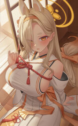  animal_ears blonde_hair blue_archive breasts commentary detached_sleeves extra_ears eyes_visible_through_hair female fox_ears fox_girl hair_over_one_eye halo highres japanese_clothes jfjf kaho_(blue_archive) kimono large_breasts long_hair looking_at_viewer md5_mismatch mole mole_under_mouth open_mouth orange_background orange_eyes sideboob sideless_kimono sitting solo thick_eyebrows white_kimono white_sleeves 