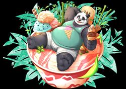  2020 anthro aotoaka bear belly black_body black_fur blush bottomwear clothing dessert eyewear food fur giant_panda glasses hi_res humanoid_hands ice_cream male mammal one_eye_closed overweight overweight_anthro overweight_male shirt shorts solo tongue tongue_out topwear white_body white_fur wink 