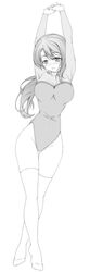  arms_up ass_visible_through_thighs blush breasts commentary_request female full_body greyscale highres kikuchi_tsutomu large_breasts leotard long_hair long_sleeves looking_at_viewer monochrome open_mouth original own_hands_together smile solo standing thigh_gap thighhighs 