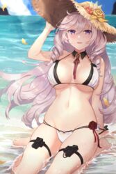  algerie_(azur_lane) algerie_(white_sand_paradise)_(azur_lane) azur_lane bare_shoulders bikini blue_sky blush breasts cleavage cloud day female flower hat hat_flower highres in_water kon_(k0n16) large_breasts long_hair looking_at_viewer mole mole_on_breast mole_under_eye navel neck_ribbon ocean official_alternate_costume open_mouth outdoors purple_eyes red_flower red_rose ribbon rose sitting sky smile solo straw_hat swimsuit two-tone_bikini water white_bikini white_hair yellow_flower yellow_rose 