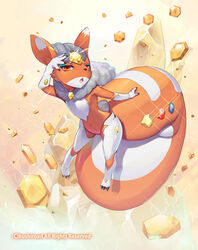  anthro big_tail blue_gem bushiroad cardfight!!_vanguard chest_tuft dipstick_ears ear_markings female fur gem grey_hair hair hand_on_head inner_ear_fluff multicolored_body multicolored_ears multicolored_fur mythological_carbuncle mythological_creature mythology navel official_art orange_body orange_eyes orange_fur red_gem solo tail takeo_saitou tuft white_body white_fur wide_hips yellow_gem yellow_gem_carbuncle 