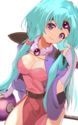  aqua_hair armor breasts circlet cleavage closed_mouth cowboy_shot dress female fingerless_gloves gloves haou_taikei_ryuu_knight head_tilt highres long_hair looking_at_viewer low_twintails medium_breasts muga_(mga2a) paffy_pafuricia parted_bangs pauldrons pink_dress purple_eyes purple_gloves purple_sleeves shoulder_armor simple_background smile solo staff twintails white_background 