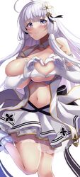  ahoge azur_lane bare_shoulders blue_eyes breasts breasts_out brown_ribbon clothing_cutout commentary dress elbow_gloves female gloves headpiece heart heart-shaped_boob_challenge heart_hands highres huge_breasts idol illustrious_(azur_lane) illustrious_(muse)_(azur_lane) jacket layered_dress leg_up long_hair low_tied_hair navel ribbon see-through short_dress simple_background sleeveless solo stomach_cutout very_long_hair wee_(weeyy) white_background white_dress white_footwear white_gloves white_hair white_jacket 