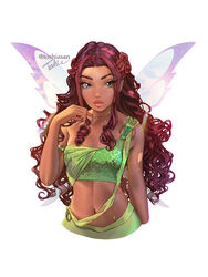  aisha_(winx_club) bare_shoulders brown_hair dark-skinned_female dark_skin fairy fairy_wings female green_eyes highres long_hair looking_at_viewer navel realistic shirt single-shoulder_shirt single_strap solo sparkle_print toshiasan wavy_hair wings winx_club 